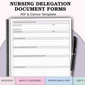 May include: A document titled "NURSING DELEGATION DOCUMENT FORMS" with the text "PDF & Canva Template". The document includes fields for employee and resident names, delegated tasks, and emergency information. A black pen rests on the right side. The image also includes the text "INSTANT ACCESS", "MULTI COLORS", "PRINTABLE PDF", and "EDIT IN CANVA".