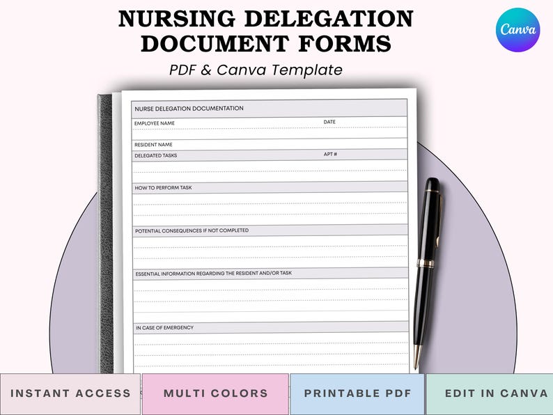 May include: A document titled "NURSING DELEGATION DOCUMENT FORMS" with the text "PDF & Canva Template". The document includes fields for employee and resident names, delegated tasks, and emergency information. A black pen rests on the right side. The image also includes the text "INSTANT ACCESS", "MULTI COLORS", "PRINTABLE PDF", and "EDIT IN CANVA".