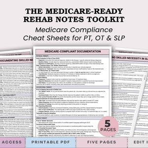 May include: A five-page Medicare-Ready Rehab Notes Toolkit featuring cheat sheets for PT, OT, and SLP. The documents include sections on Medicare-compliant documentation, physical therapy, occupational therapy, and speech therapy guidelines.