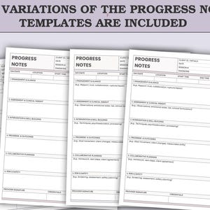 Peut inclure: Plusieurs mod&egrave;les de notes de suivi blancs avec un en-t&ecirc;te violet. Le texte "SIX VARIATIONS OF THE PROGRESS NOTE TEMPLATES ARE INCLUDED" est en haut. Chaque mod&egrave;le comprend des sections pour les informations du client, la date et les notes.