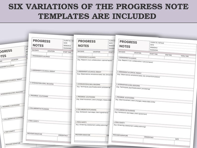Peut inclure: Plusieurs mod&egrave;les de notes de suivi blancs avec un en-t&ecirc;te violet. Le texte "SIX VARIATIONS OF THE PROGRESS NOTE TEMPLATES ARE INCLUDED" est en haut. Chaque mod&egrave;le comprend des sections pour les informations du client, la date et les notes.