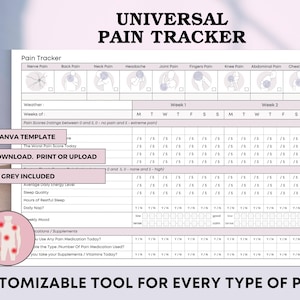May include: A Universal Pain Tracker template featuring a grid layout with sections for nerve, back, neck, headache, joint, finger, knee, abdominal, and chest pain. It includes fields for weather, weekly pain scores, energy levels, sleep, and medication.