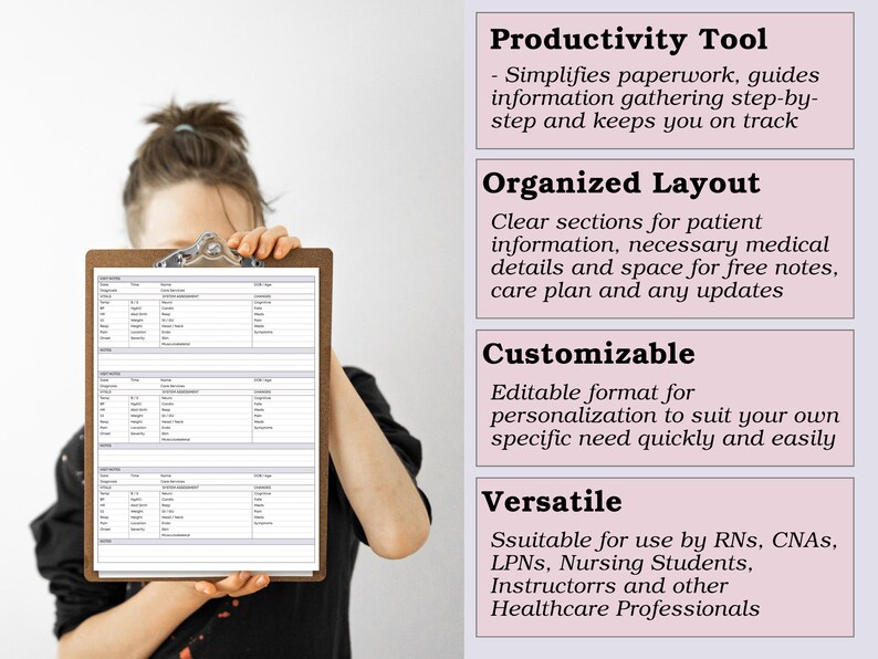 May include: A wooden clipboard with a metal clip holding a patient information form. The form has multiple sections for data entry. Text on the right side describes the clipboard as a productivity tool, organized, customizable, and versatile.