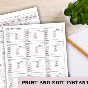 Peut inclure: Plusieurs formulaires en papier blanc avec un rapport m&eacute;dical et un suivi des signes vitaux. Ils sont pos&eacute;s sur une surface en bois avec une petite plante, un carnet et un crayon. Le texte "PRINT AND EDIT INSTANTLY" est visible.