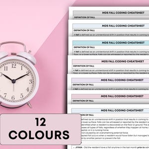 May include: A white alarm clock with black numbers and hands sits next to several sheets labeled "MDS Fall Coding Cheatsheet." A banner below reads "12 COLOURS."