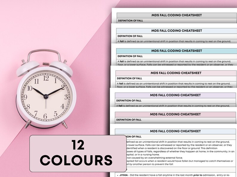 May include: A white alarm clock with black numbers and hands sits next to several sheets labeled "MDS Fall Coding Cheatsheet." A banner below reads "12 COLOURS."
