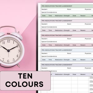 May include: A white alarm clock with black hands and numerals is placed on a pink surface, beside a stack of medication tracker sheets. The text "TEN COLOURS" is displayed on a pink rectangle.