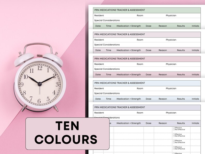 May include: A white alarm clock with black hands and numerals is placed on a pink surface, beside a stack of medication tracker sheets. The text "TEN COLOURS" is displayed on a pink rectangle.