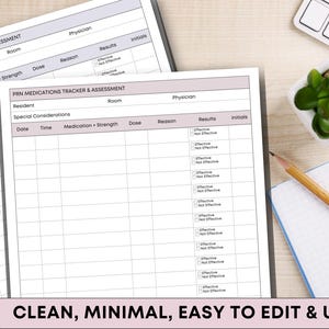 May include: Two white paper sheets with a medication tracker and assessment form are shown. The forms have columns for date, time, medication, dose, and results. The text "CLEAN, MINIMAL, EASY TO EDIT & USE" is at the bottom of the image.