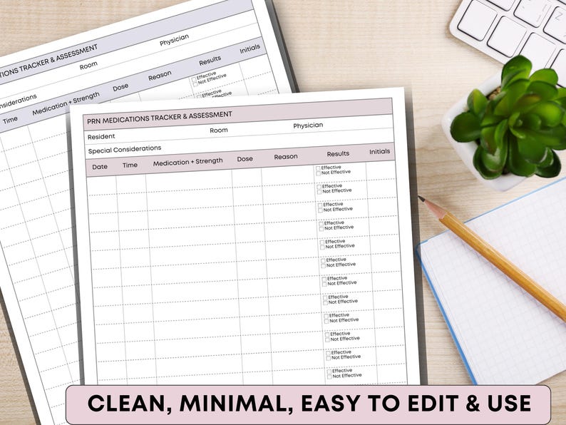 May include: Two white paper sheets with a medication tracker and assessment form are shown. The forms have columns for date, time, medication, dose, and results. The text "CLEAN, MINIMAL, EASY TO EDIT & USE" is at the bottom of the image.