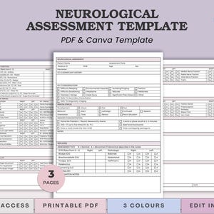 Puede incluir: Una plantilla de evaluación neurológica con el texto "NEUROLOGICAL ASSESSMENT TEMPLATE PDF & Canva Template". La plantilla incluye secciones para información del paciente, consideraciones clave, estado mental y reflejos. La imagen también incluye el texto "3 PAGES", "INSTANT ACCESS", "PRINTABLE PDF", "3 COLOURS" y "EDIT IN CANVA".
