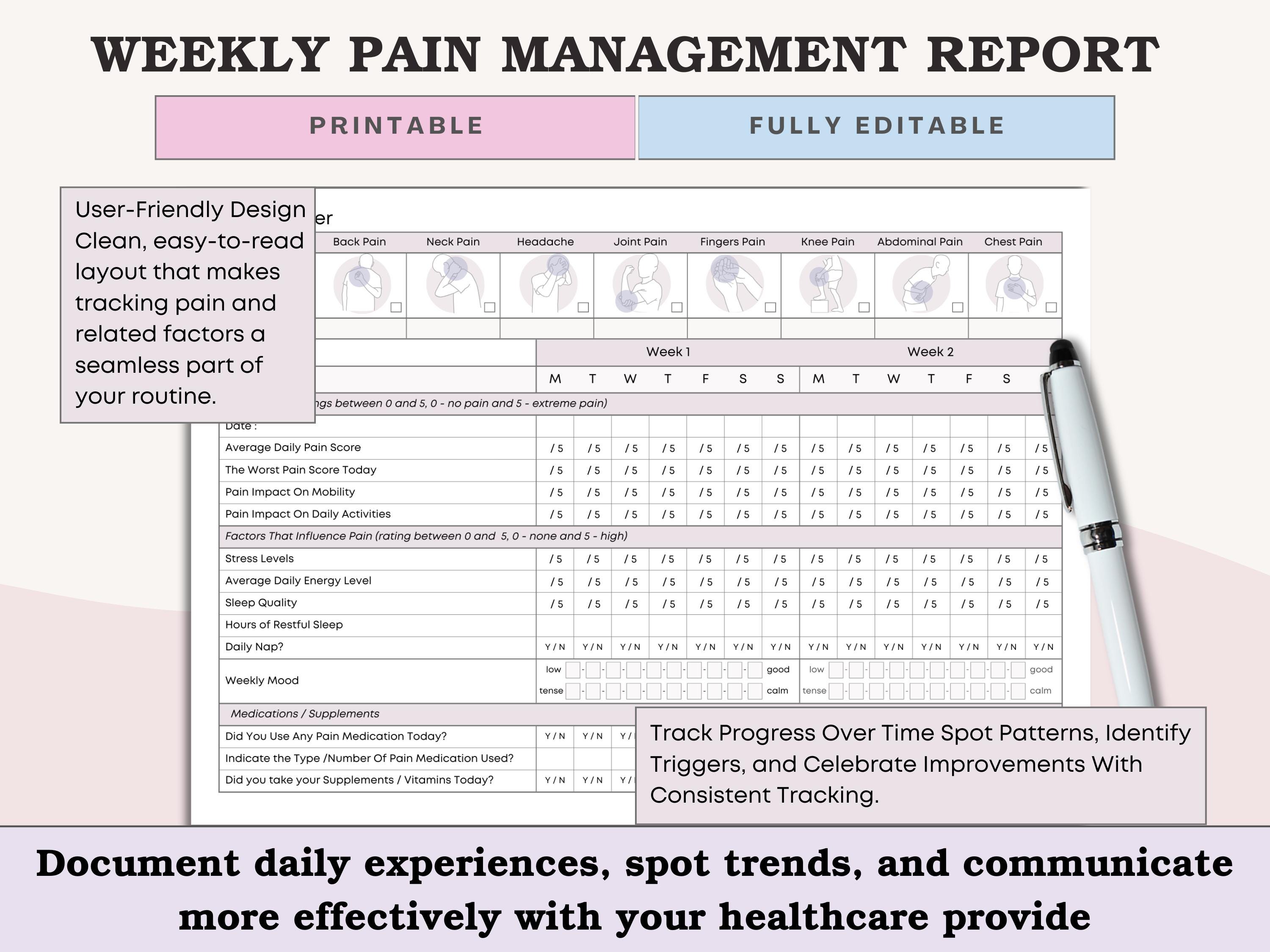 Fillable Pdf Pain Log Example Chronic Pain Management Tracker Printable - for Any Pain - Daily ...
