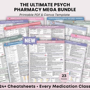 Peut inclure: Un ensemble de modèles PDF et Canva imprimables intitulé "THE ULTIMATE PSYCH PHARMACY MEGA BUNDLE". L'image présente 24+ fiches de triche couvrant chaque classe de médicaments. Les fiches sont codées par couleur et contiennent des informations détaillées.