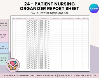 Hoja de informe de enfermería para 24 pacientes de cuidados a largo plazo - Organizador de turnos de atención a residentes de LTC/SNF (PDF)
