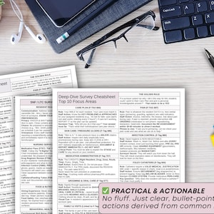 May include: A top-down view of a workspace with printed documents, a laptop, glasses, and a keyboard. The documents have text, including "Deep-Dive Survey Cheatsheet Top 10 Focus Areas." A pen and colorful markers are also visible. The image includes the text "PRACTICAL & ACTIONABLE."