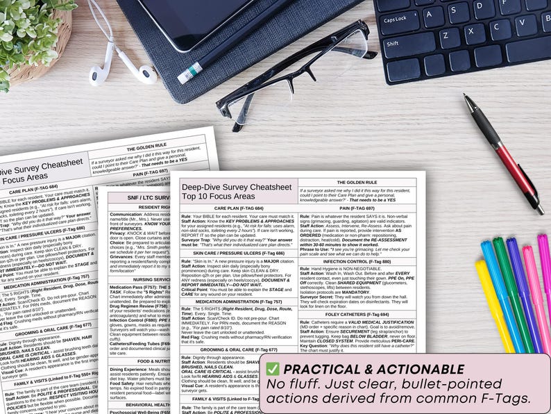 May include: A top-down view of a workspace with printed documents, a laptop, glasses, and a keyboard. The documents have text, including "Deep-Dive Survey Cheatsheet Top 10 Focus Areas." A pen and colorful markers are also visible. The image includes the text "PRACTICAL & ACTIONABLE."