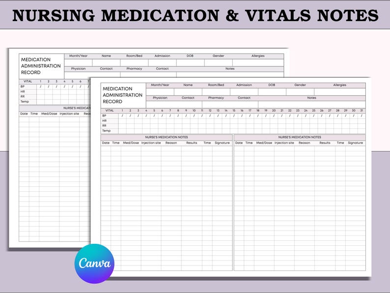 May include: Two white medical forms with the text "NURSING MEDICATION & VITALS NOTES" at the top. The forms include sections for medication administration records, vital signs, and nurse's medication notes. A Canva logo is in the bottom left.
