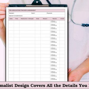 May include: A clipboard displaying a pink-bordered PRN Medications Tracker & Assessment form. The form includes sections for resident, room, physician, and special considerations. The text at the bottom of the image reads "Minimalist Design Covers All the Details You Need."
