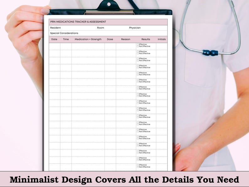 May include: A clipboard displaying a pink-bordered PRN Medications Tracker & Assessment form. The form includes sections for resident, room, physician, and special considerations. The text at the bottom of the image reads "Minimalist Design Covers All the Details You Need."