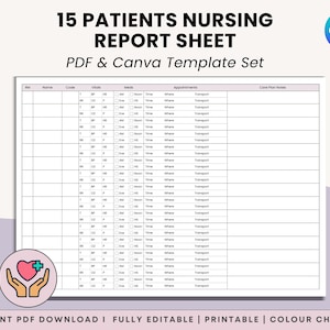 Long Term Care Nurse Report Sheet for 15 Patients, Brain Sheet, LTC Nurse Documentation, Nursing Assistant CNA Shift Handoff, PDF + Canva