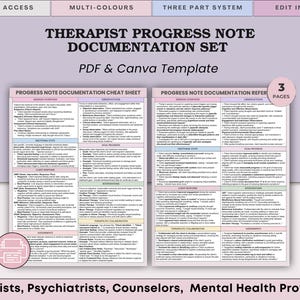 May include: A digital template set for therapists, psychiatrists, counsellors, and mental health providers. The set includes a progress note documentation cheat sheet and a reference sheet. Available in PDF and Canva formats, with instant access.