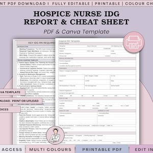 May include: A Hospice Nurse IDG Report and Cheat Sheet template in PDF and Canva format. The document features sections for patient profile, medical information, assessment, disease progression, plan of care, and goals of care with a nurse icon.