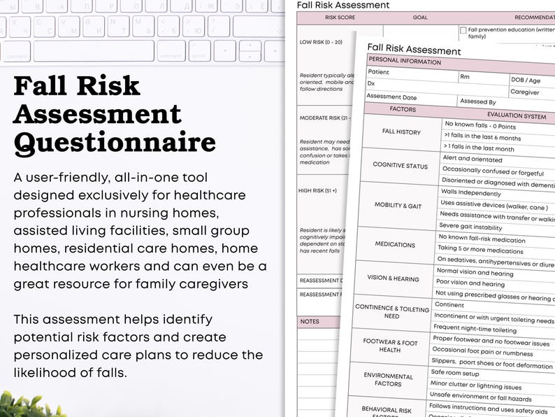 Fall Risk Cards Fall Risk Assessment Tool: Printable Prevention Checklist for Elderly ...