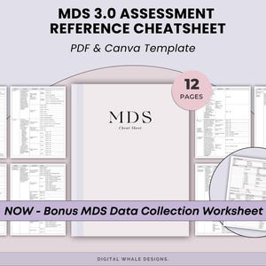 May include: A digital product image featuring a reference cheatsheet for MDS 3.0 assessment. The cover of the document is white with the text "MDS Cheat Sheet". The image also includes a bonus data collection worksheet and a Canva logo.