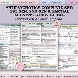 Op de afbeelding: Een set afdrukbare studiehulpmiddelen voor antipsychotica, inclusief 1e en 2e generatie, en partiële agonisten. De gidsen zijn beschikbaar in PDF- en Canva-sjablonen, met meerdere versies en kleuropties. De tekst bevat "ANTIPSYCHOTICS COMPLETE SET" en "Printable PDF & Canva Template".