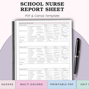 Puede incluir: Una plantilla de hoja de informe de enfermera escolar con el texto "SCHOOL NURSE REPORT SHEET" y "PDF & Canva Template". La hoja de informe incluye secciones para la información del estudiante, el motivo de la visita, la intervención y el resultado. Un bolígrafo negro descansa en el lado derecho.