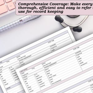 May include: Two white medical forms with detailed sections for patient information, including visit notes and system assessments. A silver pen and a stethoscope are also visible. Text on the image reads "Comprehensive Coverage: Make every visit thorough, efficient and easy to refer to and use for record keeping."