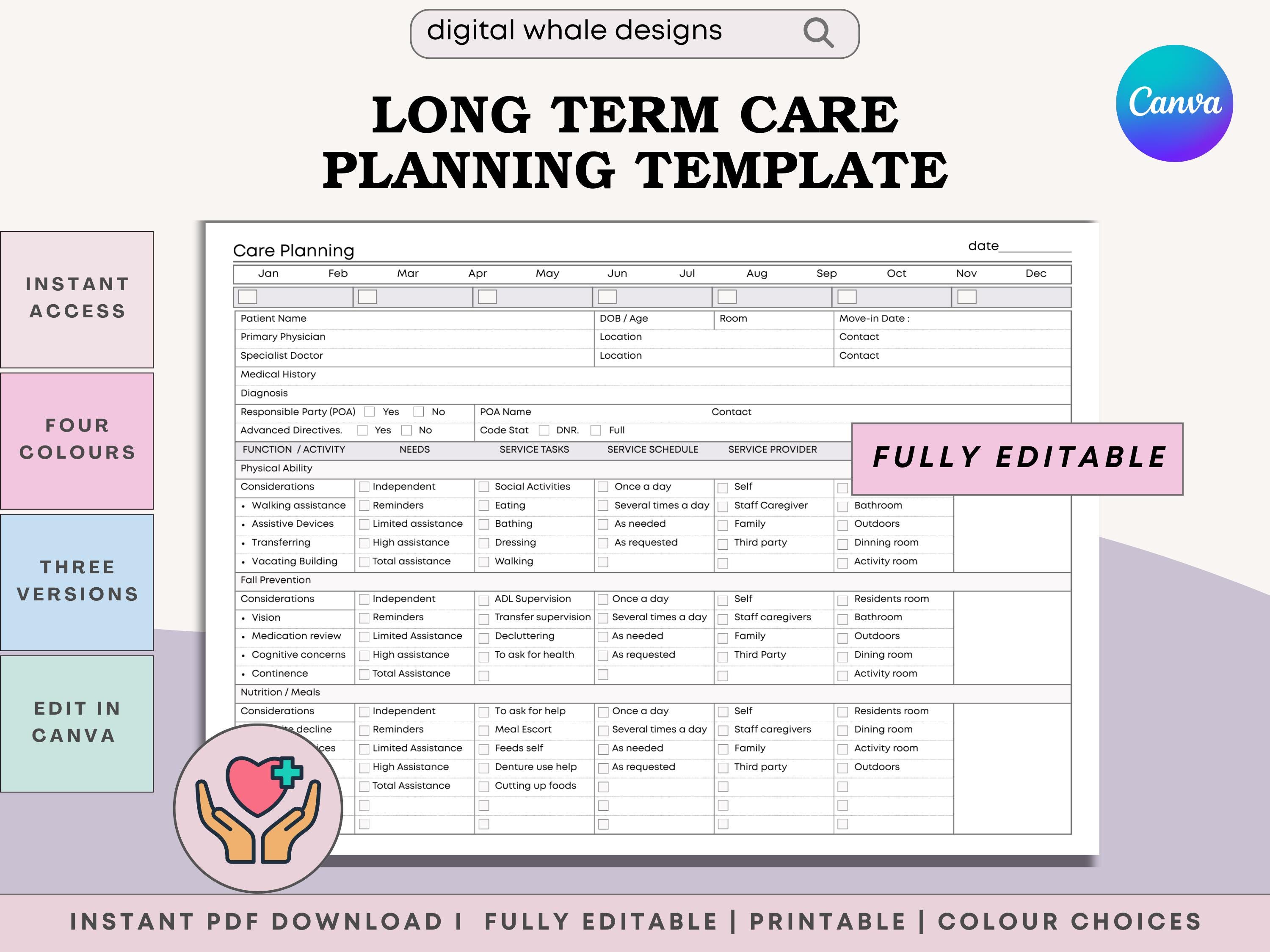 Long Term Care Plan Template for Nursing Homes, Assisted Living Facilities, Hospice and Home Care Settings, Printable PDF & Edit in Canva