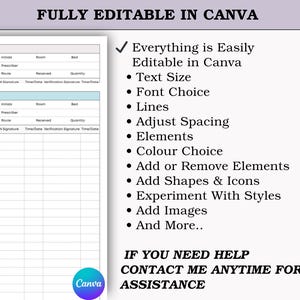 May include: A white document with a table for recording narcotic counts, with the text "FULLY EDITABLE IN CANVA" at the top. On the right, a list of editable features, including text size and color choice.