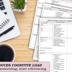 May include: A workspace with a laptop, notebook, pen, and a cup of coffee. Documents titled "Director of Nursing - Critical Facility Information Tool" are visible. A small potted plant is also present. The image includes the text: "REDUCES COGNITIVE LOAD. Stop memorizing; start referencing."