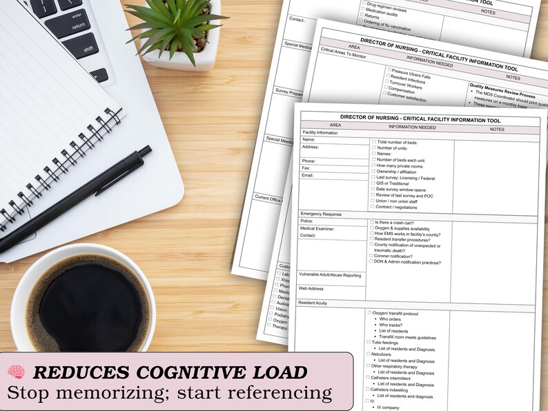 May include: A workspace with a laptop, notebook, pen, and a cup of coffee. Documents titled "Director of Nursing - Critical Facility Information Tool" are visible. A small potted plant is also present. The image includes the text: "REDUCES COGNITIVE LOAD. Stop memorizing; start referencing."