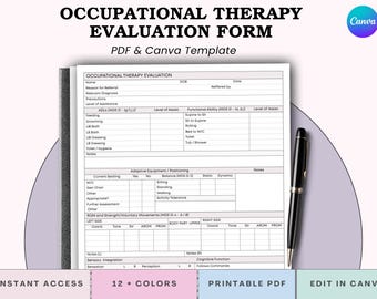 Può includere: Modello di modulo di valutazione della terapia occupazionale. Il modulo include sezioni per le informazioni sul paziente, le ADL, le attrezzature adattive e la funzione cognitiva. Una penna nera è appoggiata sul modulo. Le parole "Accesso immediato", "12+ colori", "PDF stampabile" e "Modifica in Canva" sono visibili.