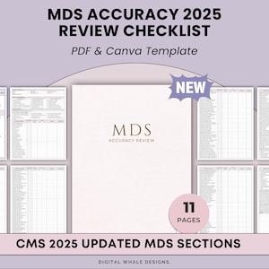 May include: A digital document titled "MDS ACCURACY 2025 REVIEW CHECKLIST" with the text "PDF & Canva Template." The document includes a "NEW" badge and a pink circle indicating "11 PAGES." The document is for "CMS 2025 UPDATED MDS SECTIONS."