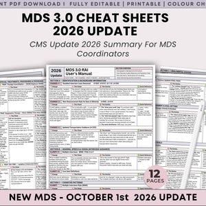 May include: A set of 12 printable MDS 3.0 cheat sheets for the 2026 update, featuring text titled MDS 3.0 CHEAT SHEETS 2026 UPDATE and CMS Update 2026 Summary For MDS Coordinators. The documents contain detailed tables, section overviews, and guidance.