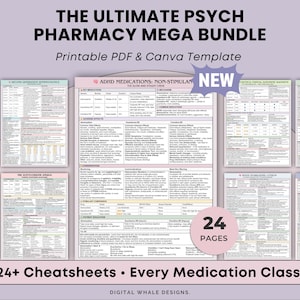 Op de afbeelding: Een digitale productbundel getiteld "THE ULTIMATE PSYCH PHARMACY MEGA BUNDLE" met de tekst "Printable PDF & Canva Template". De afbeelding toont 24+ pagina's met medicatie-informatie, inclusief ADHD-medicatie. Het product is van Digital Whale Designs.