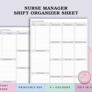 Peut inclure: Une feuille d'organisation de quart d'infirmière, imprimable en PDF, avec un design violet clair et blanc. La feuille comprend des sections pour les rapports de quart quotidiens, les listes de tâches et les affectations du personnel. Le texte "NURSE MANAGER SHIFT ORGANIZER SHEET" est en haut.