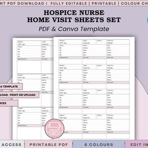 Peut inclure: Un ensemble de feuilles de visite à domicile pour infirmiers en soins palliatifs au format PDF et modèle Canva. Les documents présentent des champs structurés pour les données patient, les signes vitaux et les soins, avec une mise en page claire.
