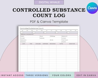 Controlled Substance Count Log - Nurse Narcotics Medication Inventory Tracker (Printable PDF + Canva)