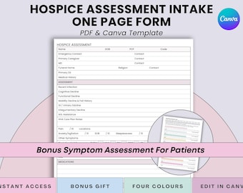 Modello di una pagina per la valutazione infermieristica dell'hospice - SOC, ammissione, documentazione sull'assistenza al paziente (PDF stampabile + Canva)