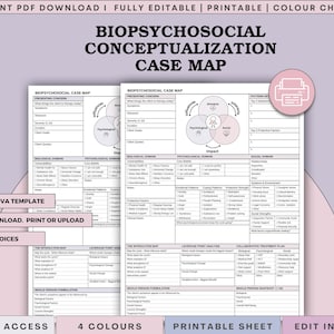 May include: A printable Biopsychosocial Conceptualization Case Map template featuring sections for presenting concerns, biological, psychological, and social domains, interaction maps, leverage point analysis, and a collaborative treatment plan.