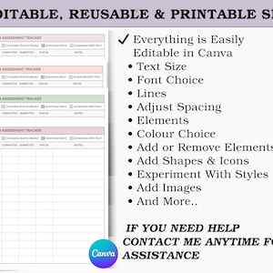 Peut inclure: Ensemble de suivi d'&eacute;valuation imprimable et modifiable. Le document comprend des sections pour le suivi des progr&egrave;s, les dates d'&eacute;ch&eacute;ance et le statut. Le texte sur le c&ocirc;t&eacute; droit met en &eacute;vidence les fonctionnalit&eacute;s : taille du texte, choix de la police, lignes, espacement, &eacute;l&eacute;ments, choix de couleur, etc. Le logo Canva est visible.