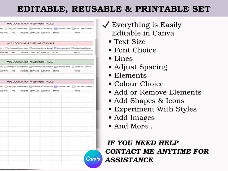 Peut inclure: Ensemble de suivi d'&eacute;valuation imprimable et modifiable. Le document comprend des sections pour le suivi des progr&egrave;s, les dates d'&eacute;ch&eacute;ance et le statut. Le texte sur le c&ocirc;t&eacute; droit met en &eacute;vidence les fonctionnalit&eacute;s : taille du texte, choix de la police, lignes, espacement, &eacute;l&eacute;ments, choix de couleur, etc. Le logo Canva est visible.