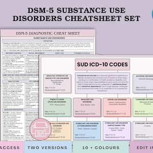May include: A digital DSM-5 Substance Use Disorders Cheatsheet Set, featuring diagnostic criteria, SUD ICD-10 codes, and behavior intervention information. The set includes two versions and over ten color options, all editable in Canva.