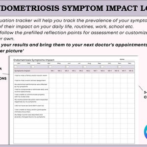 Puede incluir: Un registro imprimible del impacto de los s&iacute;ntomas de la endometriosis con una lista de verificaci&oacute;n de 3 meses. El rastreador ayuda a controlar el impacto de los s&iacute;ntomas en la vida diaria, el trabajo y la escuela. Incluye puntos de reflexi&oacute;n prellenados.