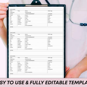 May include: A black clipboard with a medical form, held by a person. The form includes sections for visit notes, vitals, and system assessment. The text "EASY TO USE & FULLY EDITABLE TEMPLATE" is at the bottom.