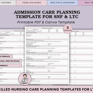 May include: A printable PDF and Canva template for admission care planning, designed for Skilled Nursing Facilities (SNF) and Long-Term Care (LTC). The template includes multiple versions, editable in Canva, and offers instant download with AM/PM and 24-HR formats.